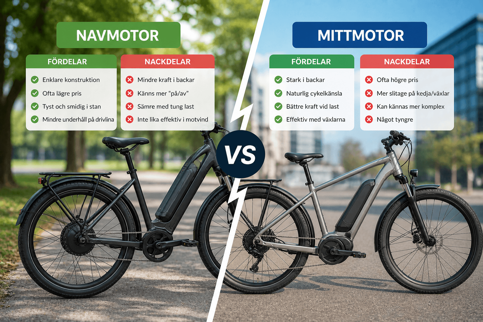 Jämförelse mellan navmotor i hjul och mittmotor vid vevpartiet