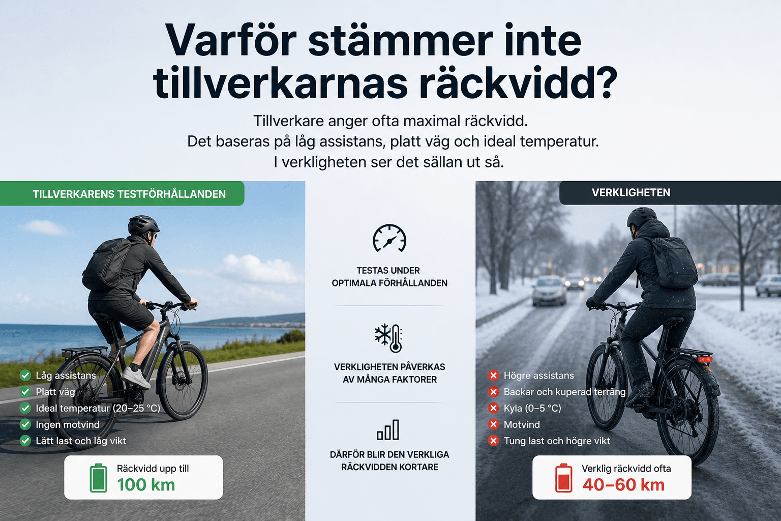 Illustration av skillnaden mellan tillverkarens angivna räckvidd och verklig körning
